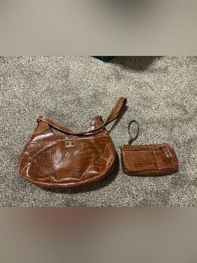 Sharif Guirguis Brown Croc-Embossed Shoulder Bag with Matching Wristlet